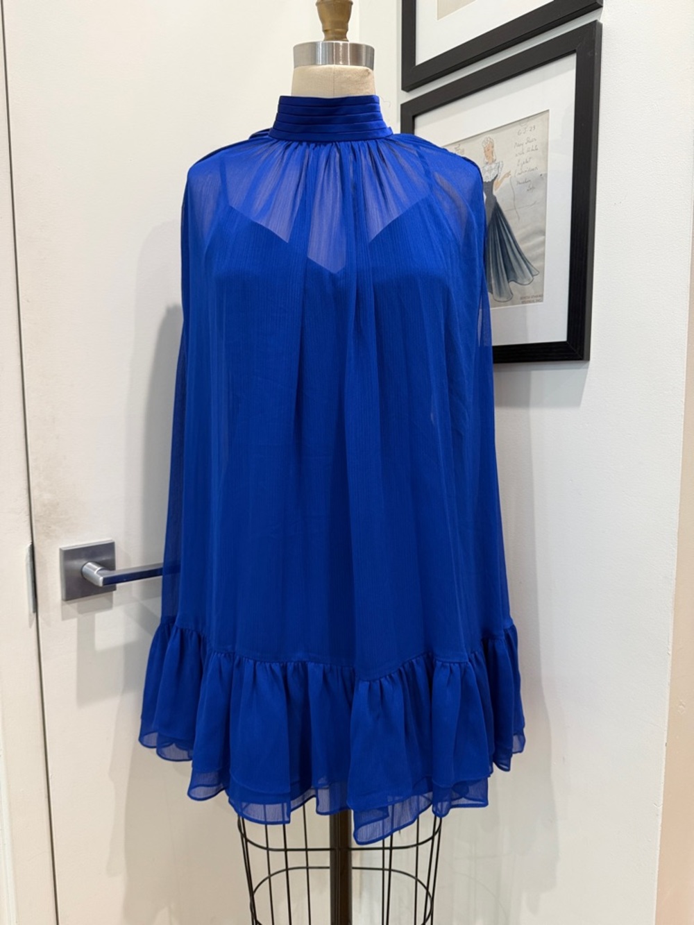 Alice + Olivia Royal Blue Sheer Mini Dress with Ruffle Hem